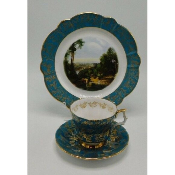 Royal Windsor Bone China Green & Gold Leaves Teacup Saucer Plate Set - Picture 2 of 10